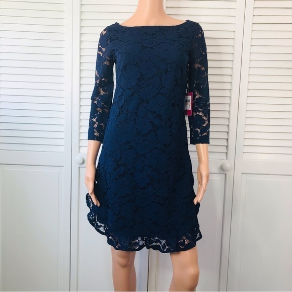 New VINCE CAMUTO Navy Ruffled Lace Dress Size 2 - Picture 2 of 11